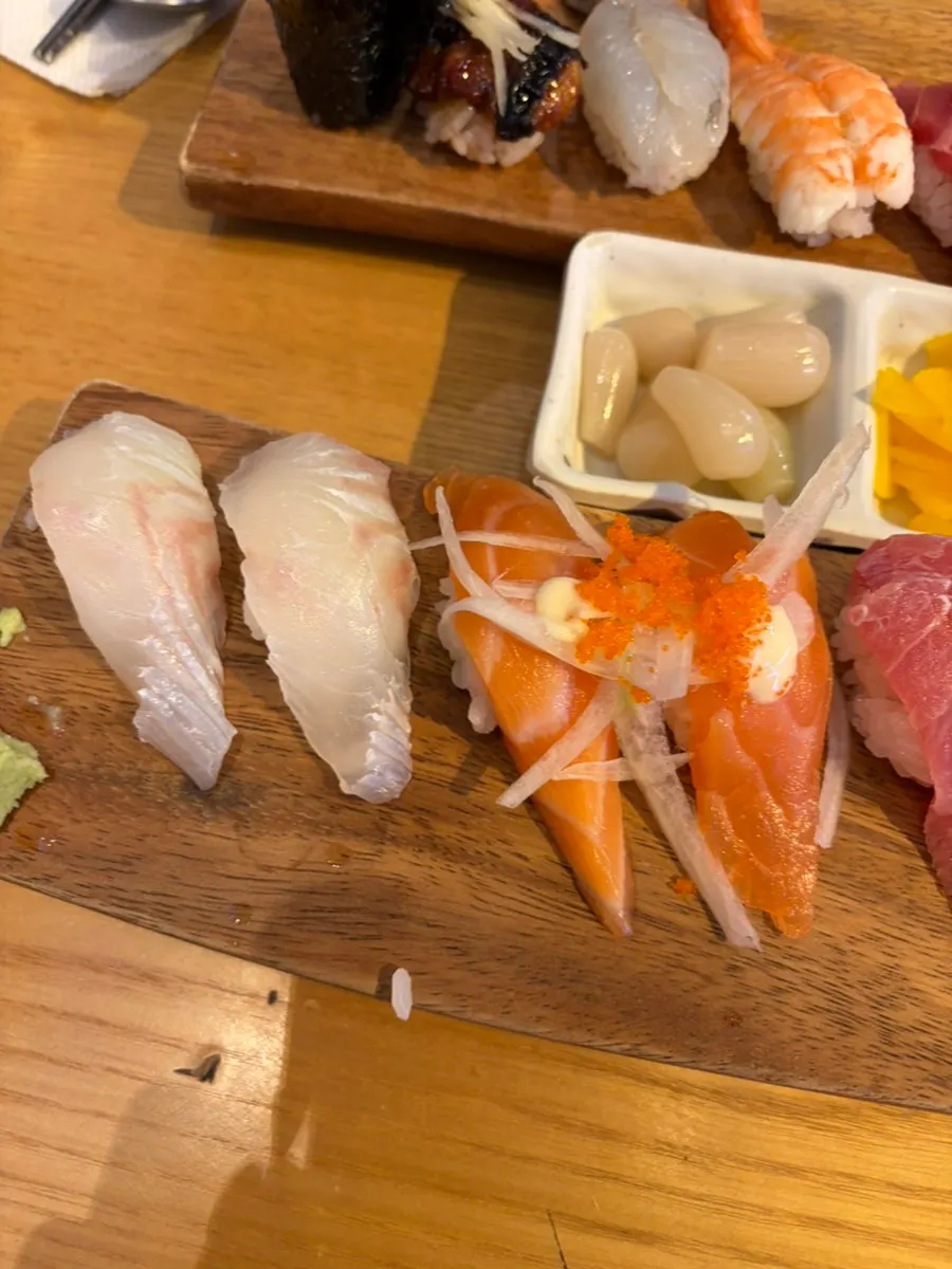 Plate of halibut, salmon, and tuna sushi