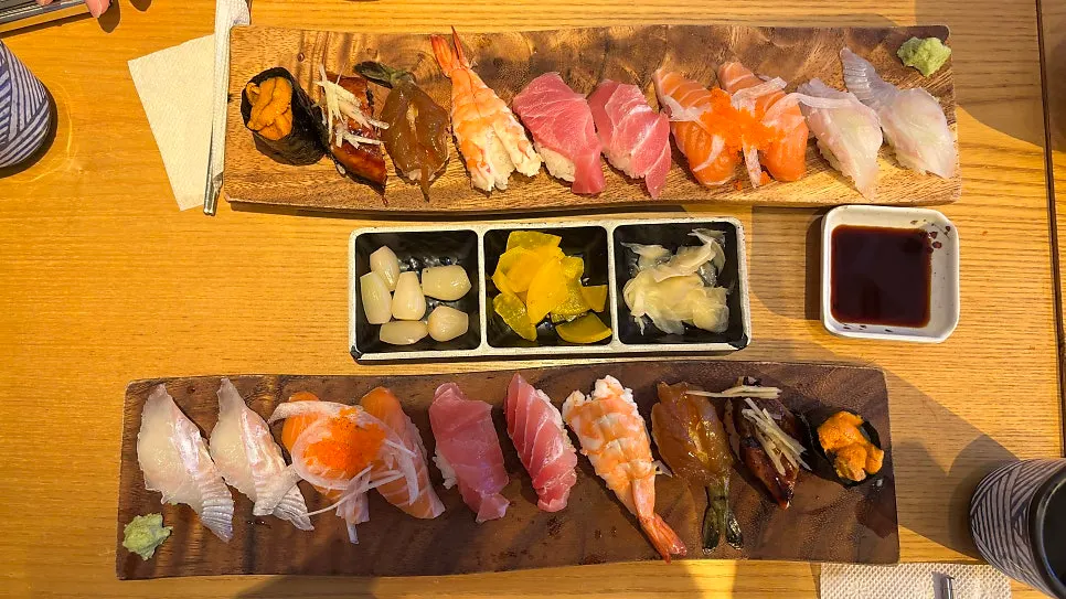 Two plates of special sushi spread out for two people