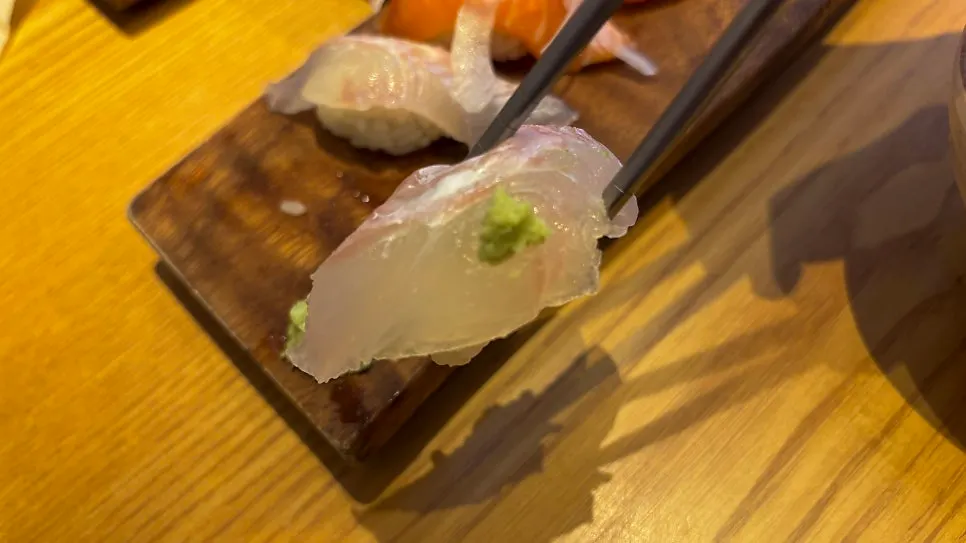 Close-up of halibut sushi