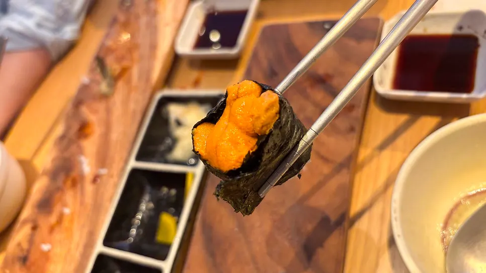 Close-up of sea urchin sushi
