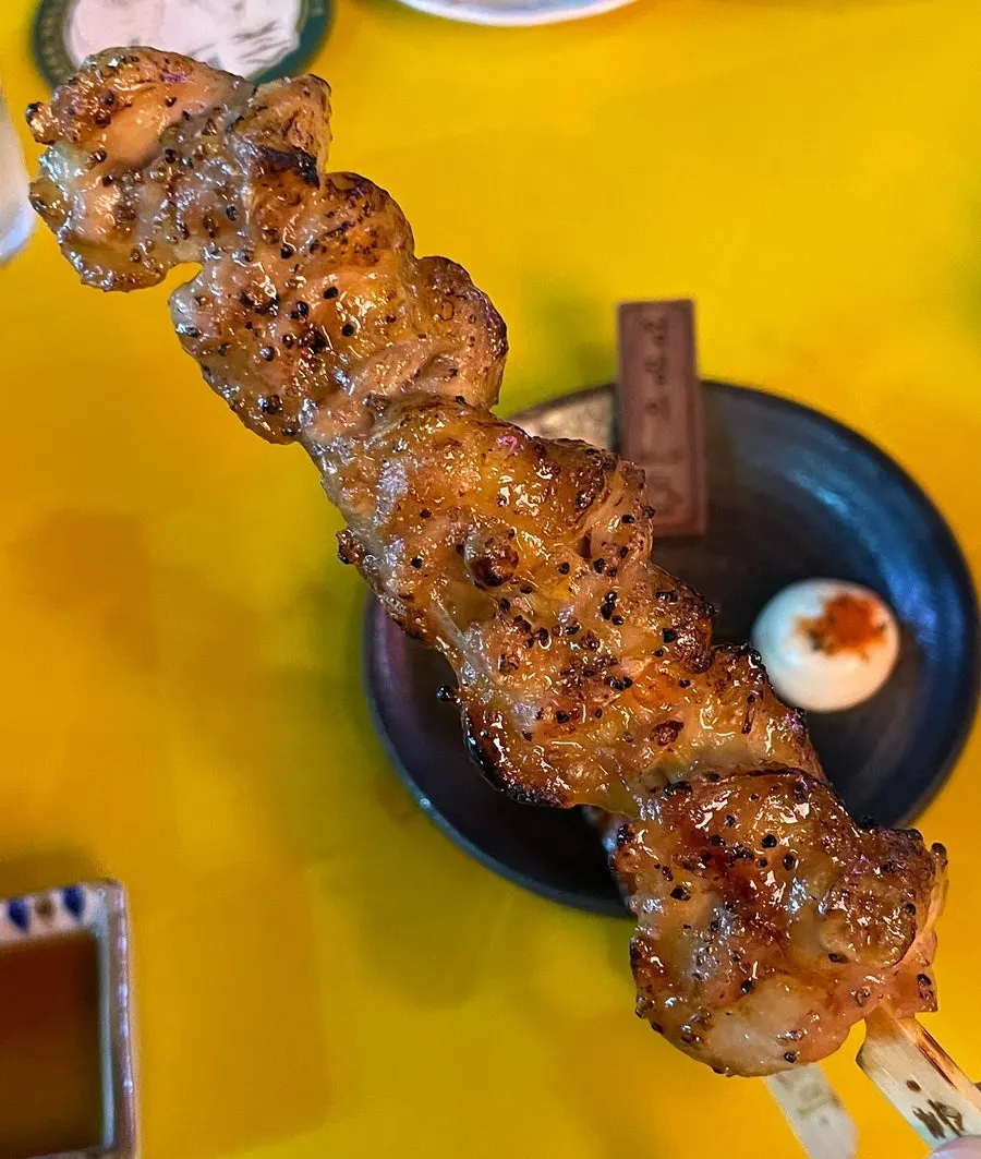 Close-up of thigh skewers served with mayonnaise