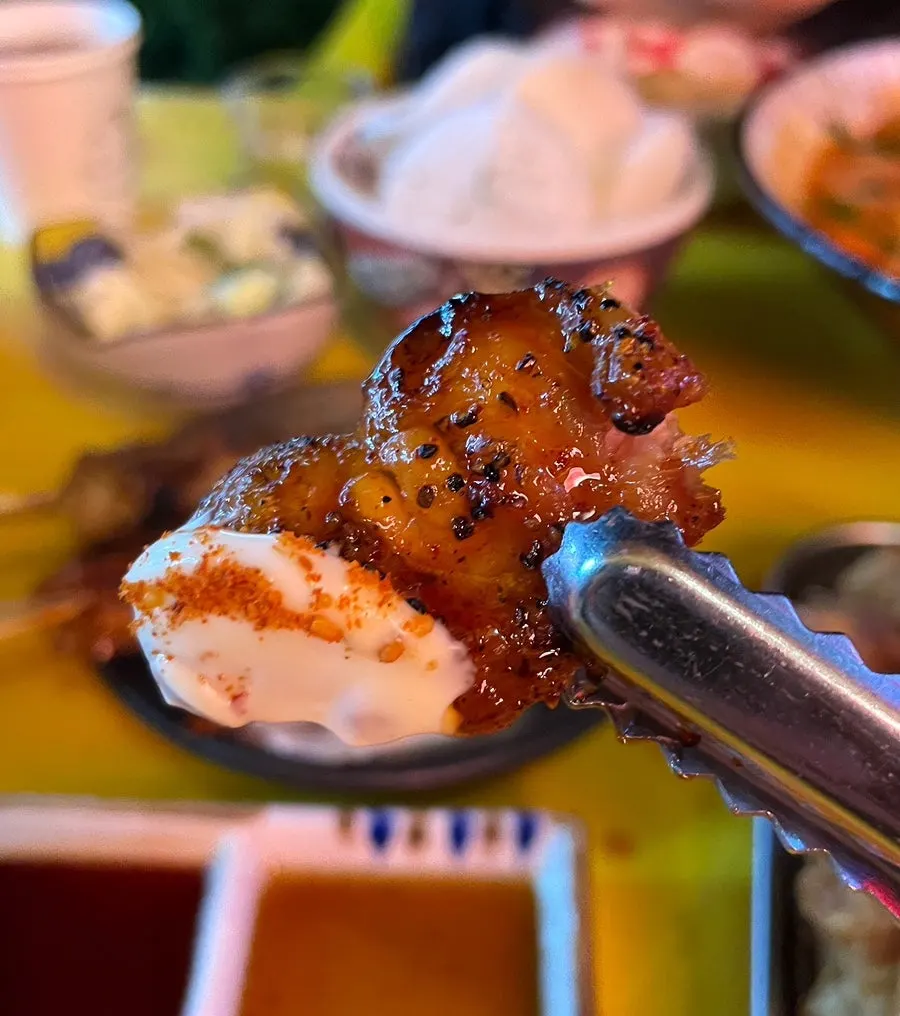 Cross-section of the yakitori thigh skewer showing its juices
