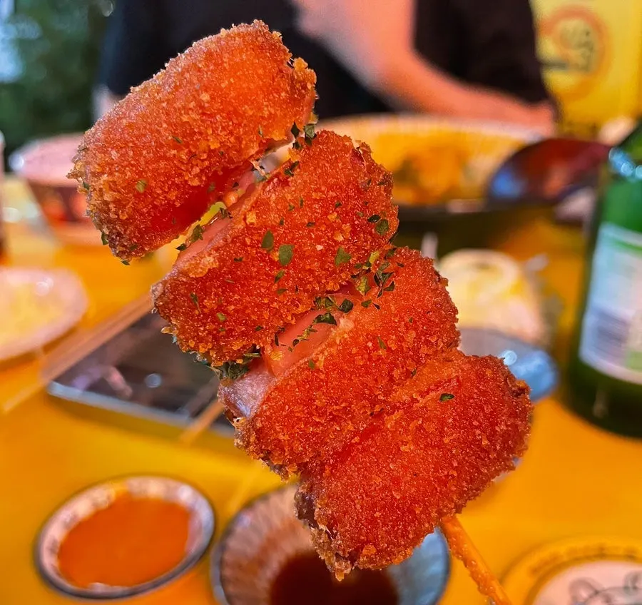 Freshly fried kushikatsu skewers
