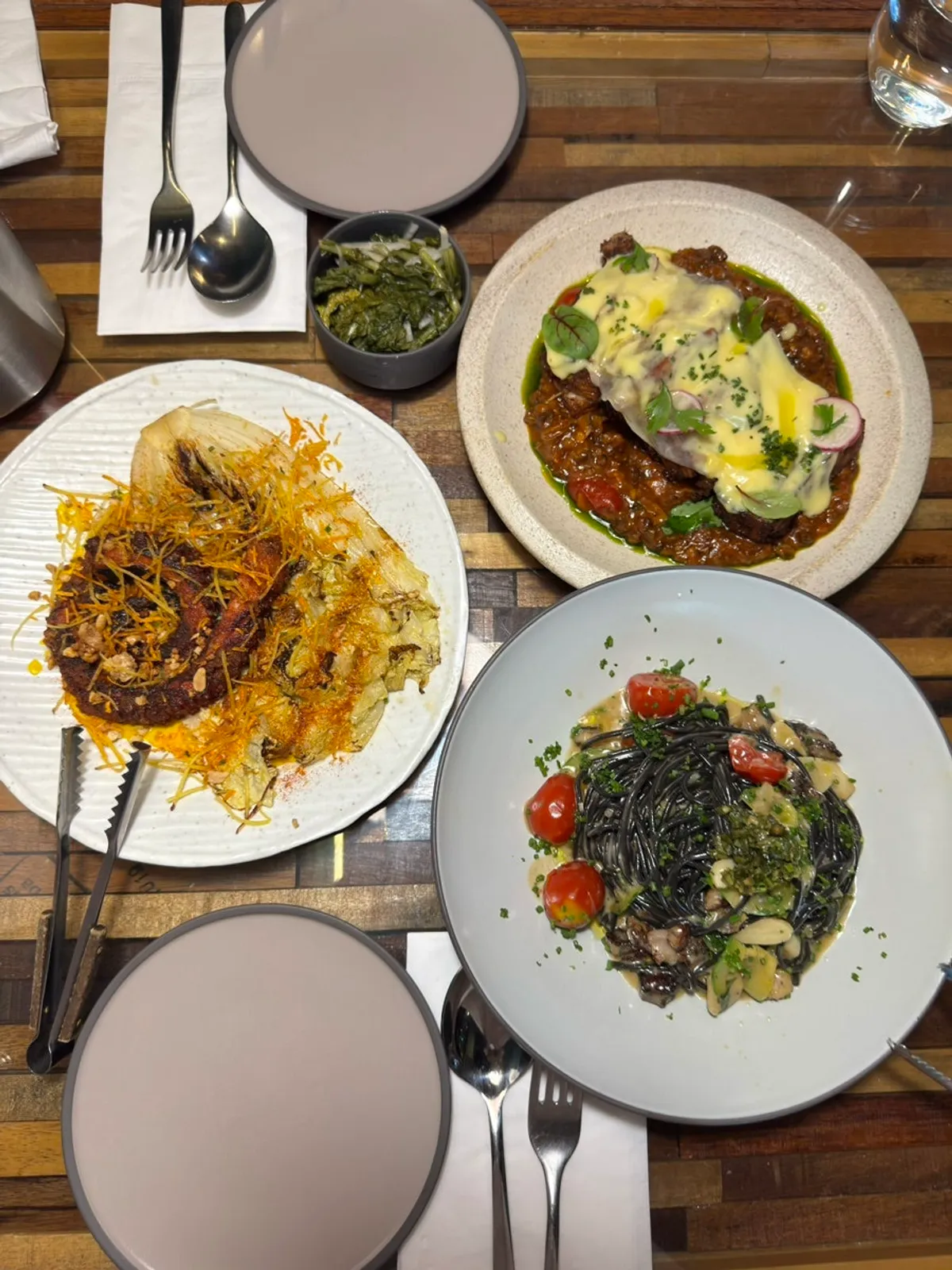 Three-shot of the octopus, pasta, and lasagna