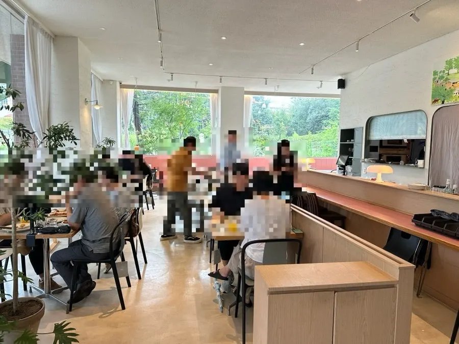 Restaurant interior overlooking the park