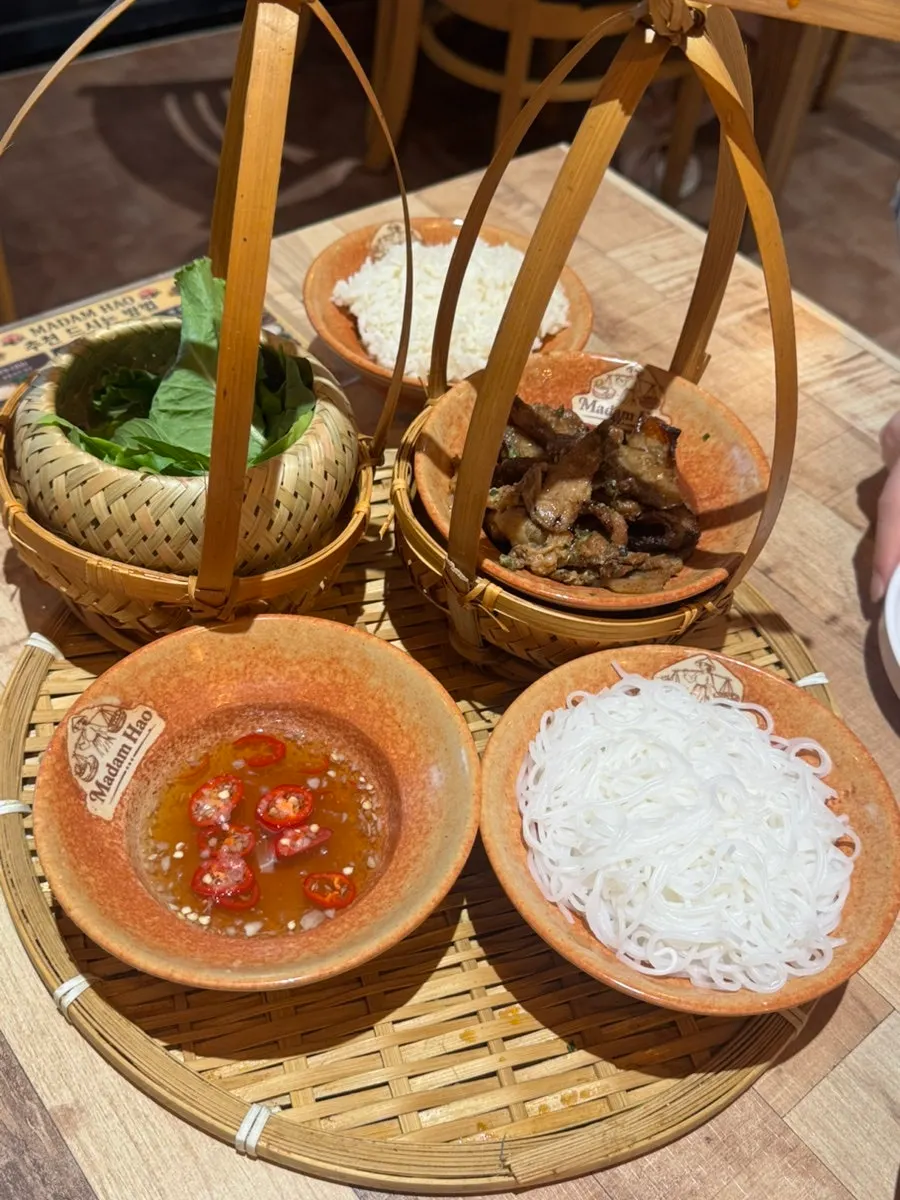 Madam Hao's bun cha spread with nuoc mam sauce