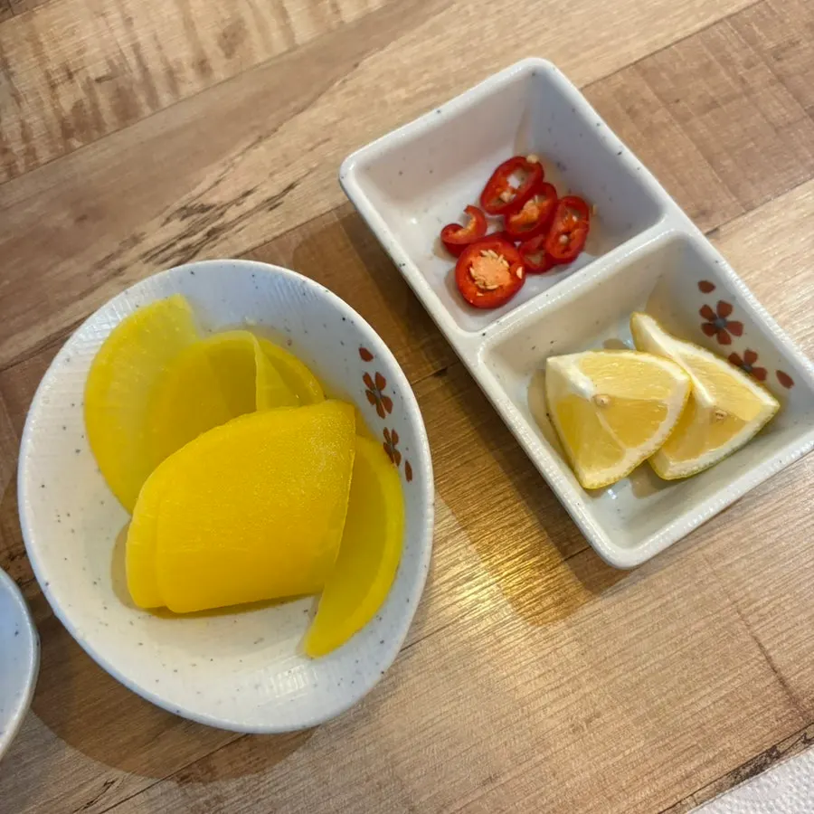 Basic side dishes: pickled radish, lemon juice, and chili