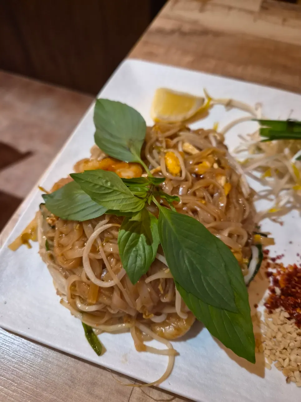 Close-up of the chewy pad thai noodles