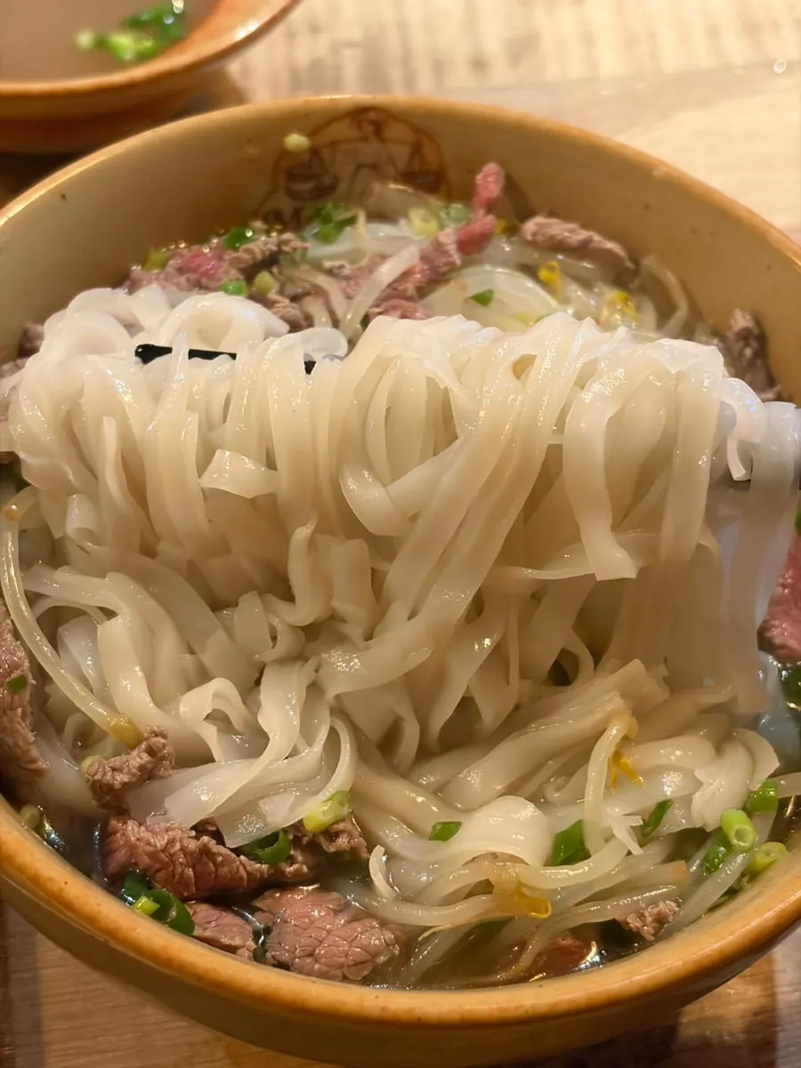 Close-up of pad Thai noodles lifted with chopsticks