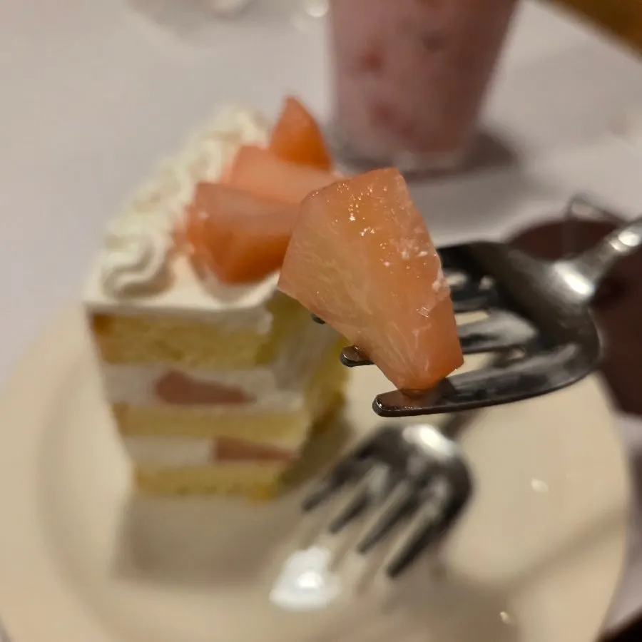 Close-up cross-section of the peach yogurt cake
