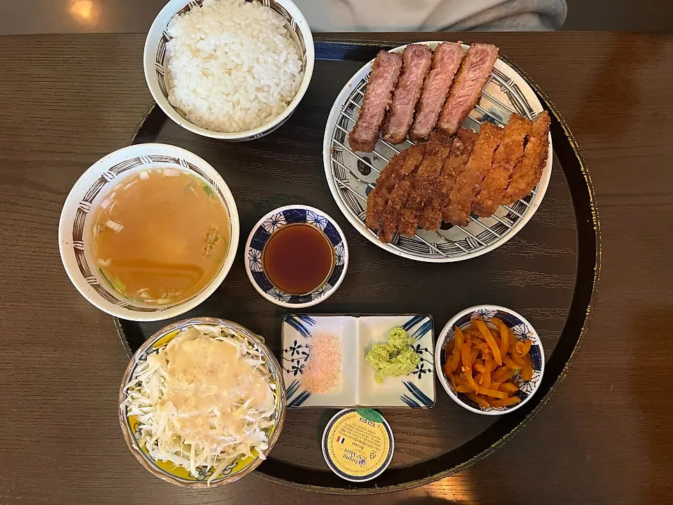 Gyukatsu set with rice, soup, and sauces