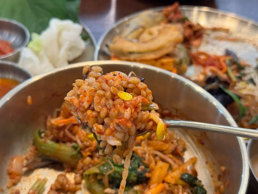 Barley bibimbap with a generous drizzle of sesame oil