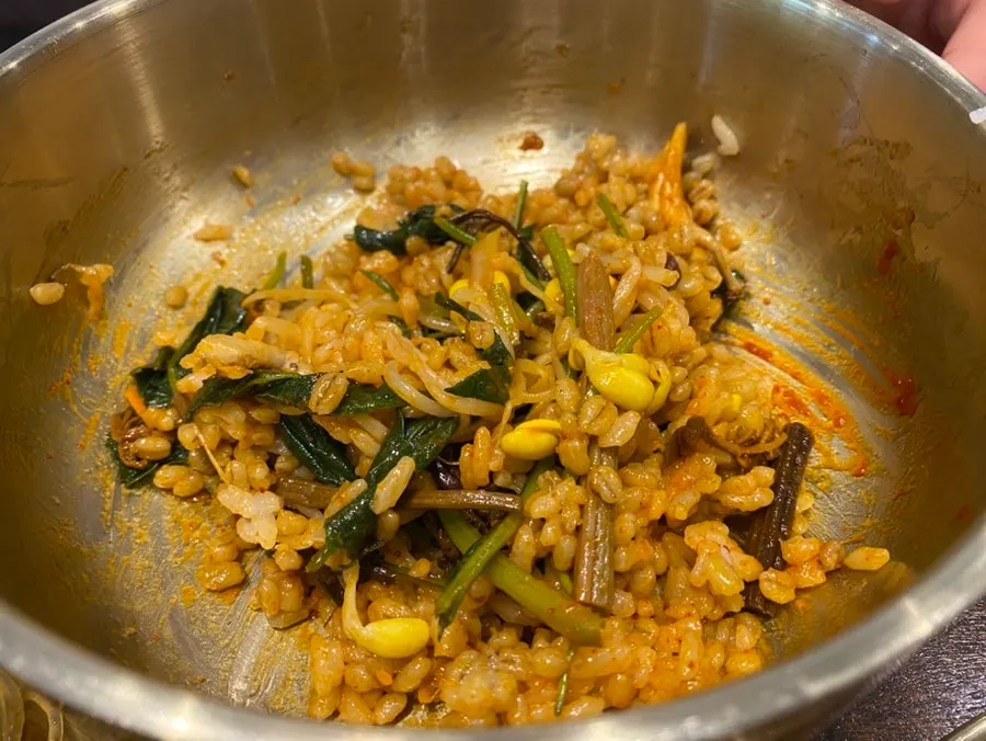 Barley rice mixed with gochujang and sesame oil
