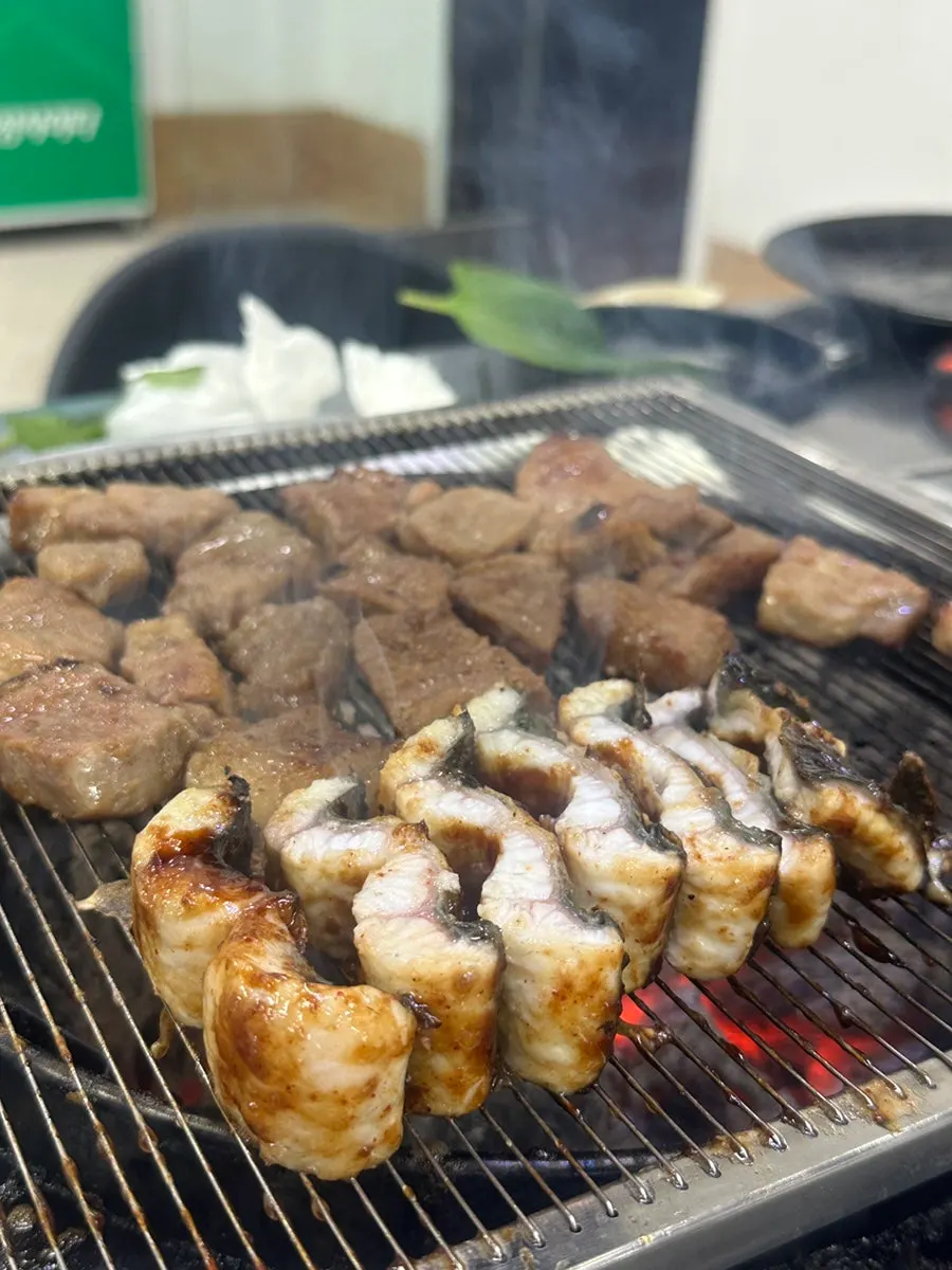 炭火烤好的鳗鱼和肉类