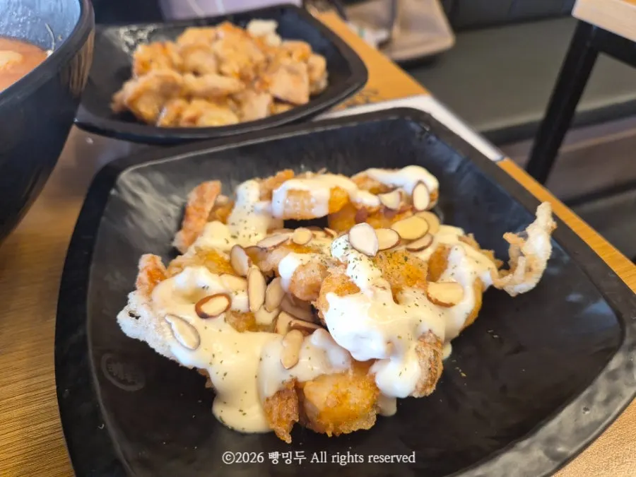 Lemon cream shrimp topped with lemon cream dressing