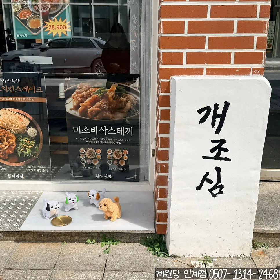 Entrance with a beware-of-dog sign and dog dolls