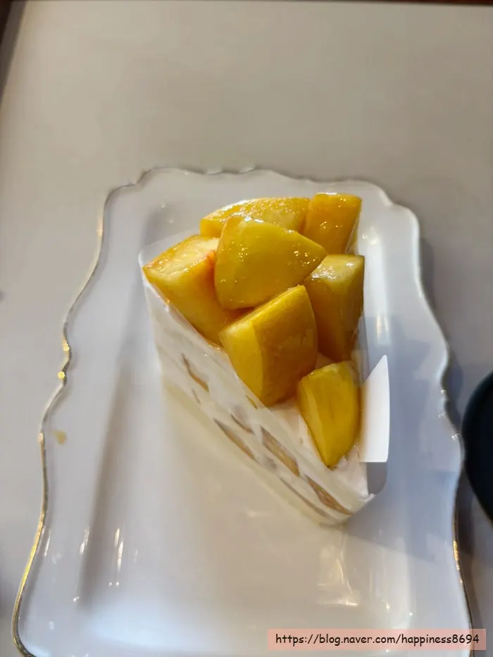 Cross-section of cake with layers of fruit between the sheets