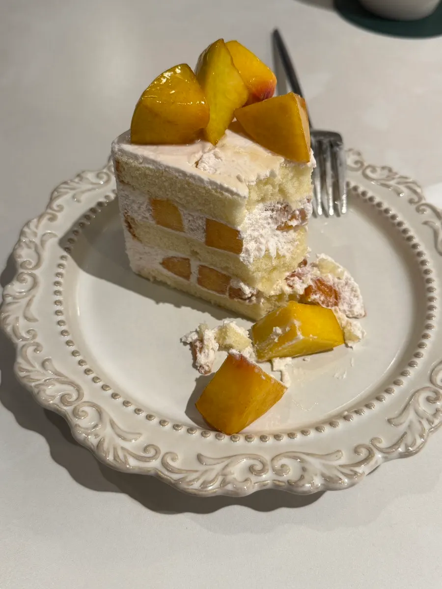 Close-up of the peach cake cross-section