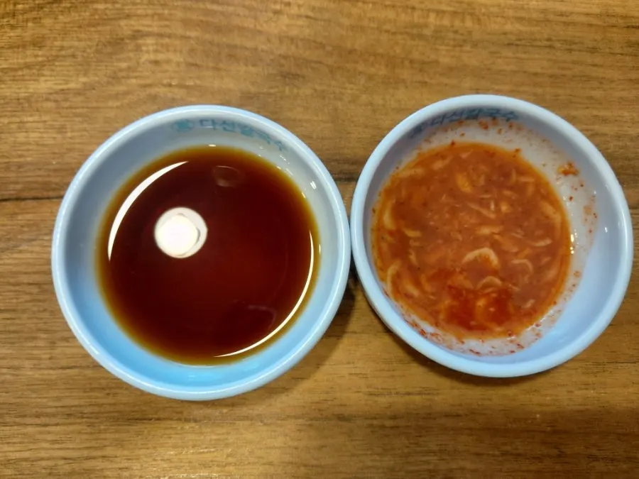 Table setting with salted shrimp and soy sauce for pancake