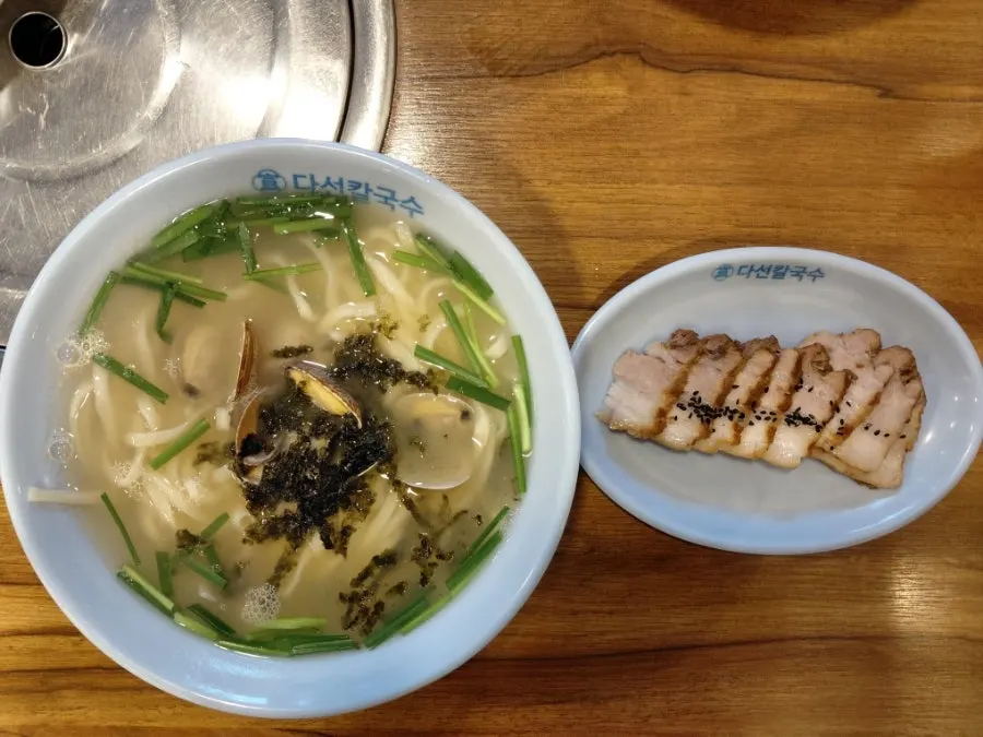 Full spread of kalguksu set, double portion, and seafood pancake