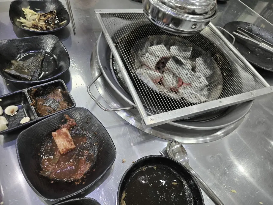 The charcoal table after finishing all the eel and meat