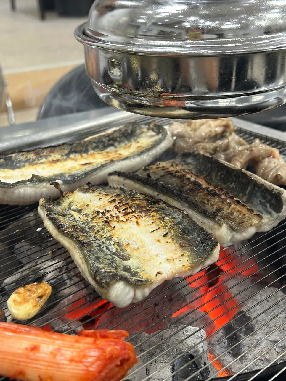 Close-up of eel grilled crispy outside, chewy inside