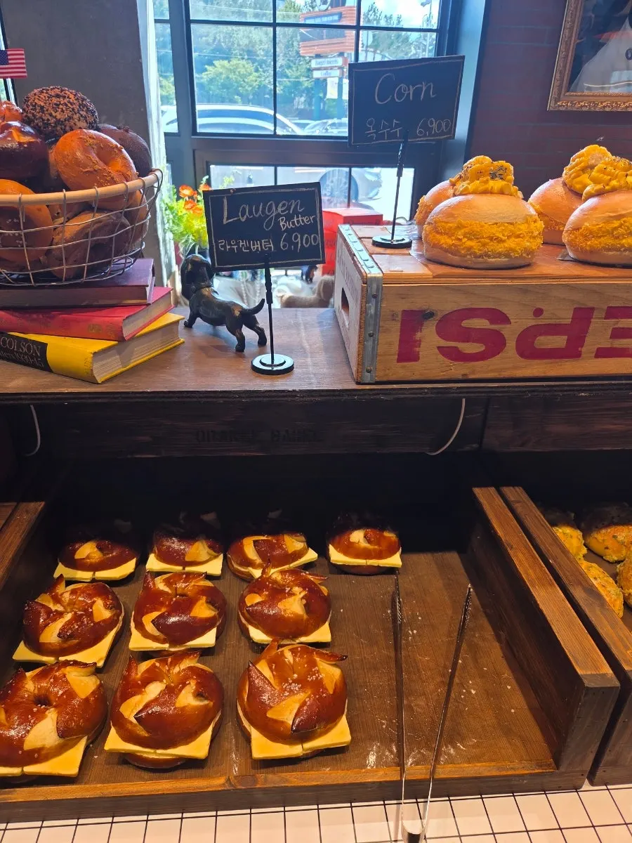 The three chosen bagels: Laugenbutter, corn, and potato