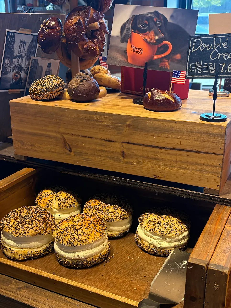 Interior of Orange Bagel with an American bakery feel