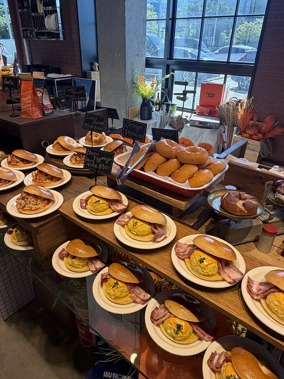 Bagel display case at Orange Bagel