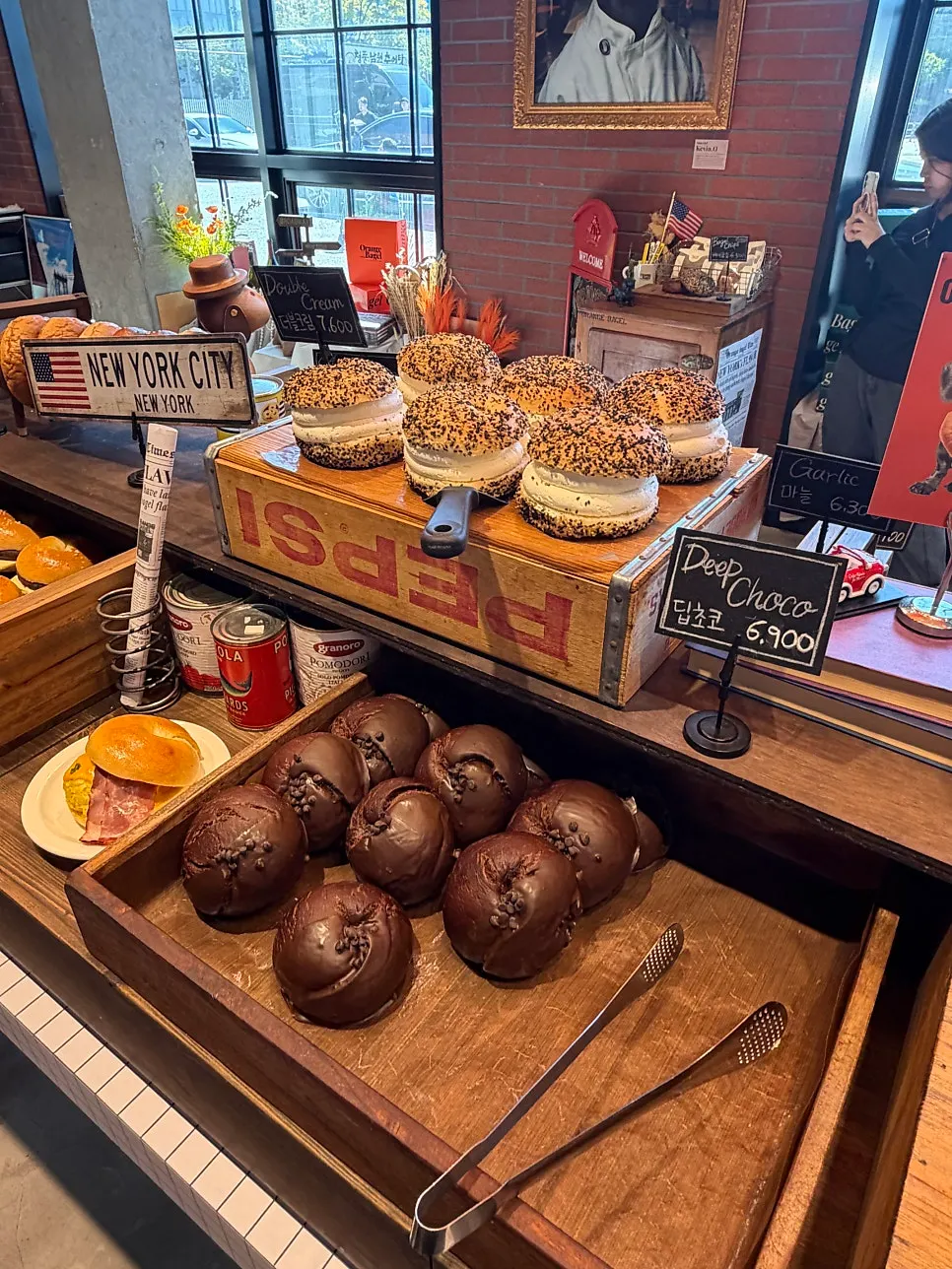 Sandwich bagels packed with fillings on display