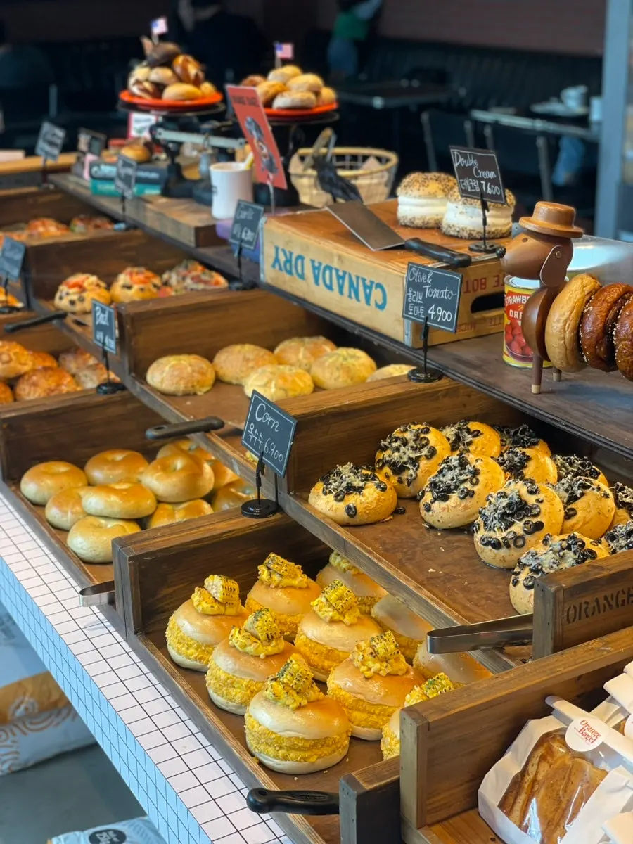 The long bagel display counter at Orange Bagel