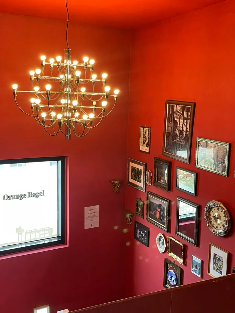 Exotically lit staircase leading up to the 2nd floor