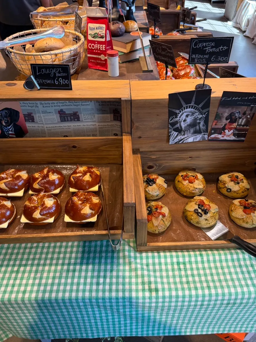Bagel display case on the 1st floor of Orange Bagel