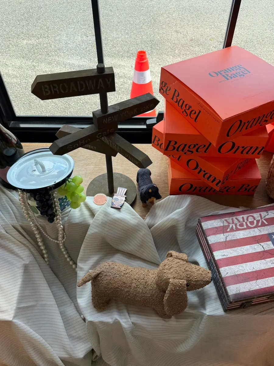 Orange Bagel take-out box printed with a dachshund mascot