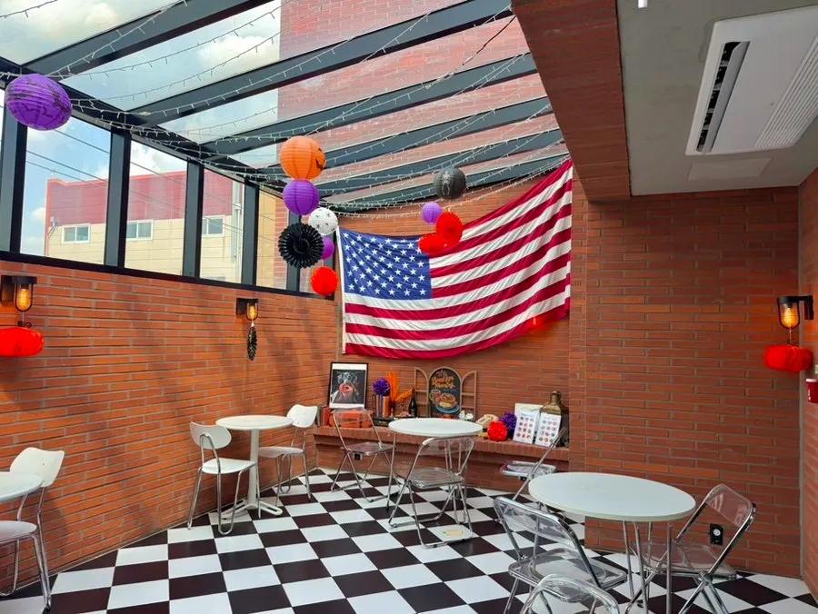 Bright, sunlit second floor seating