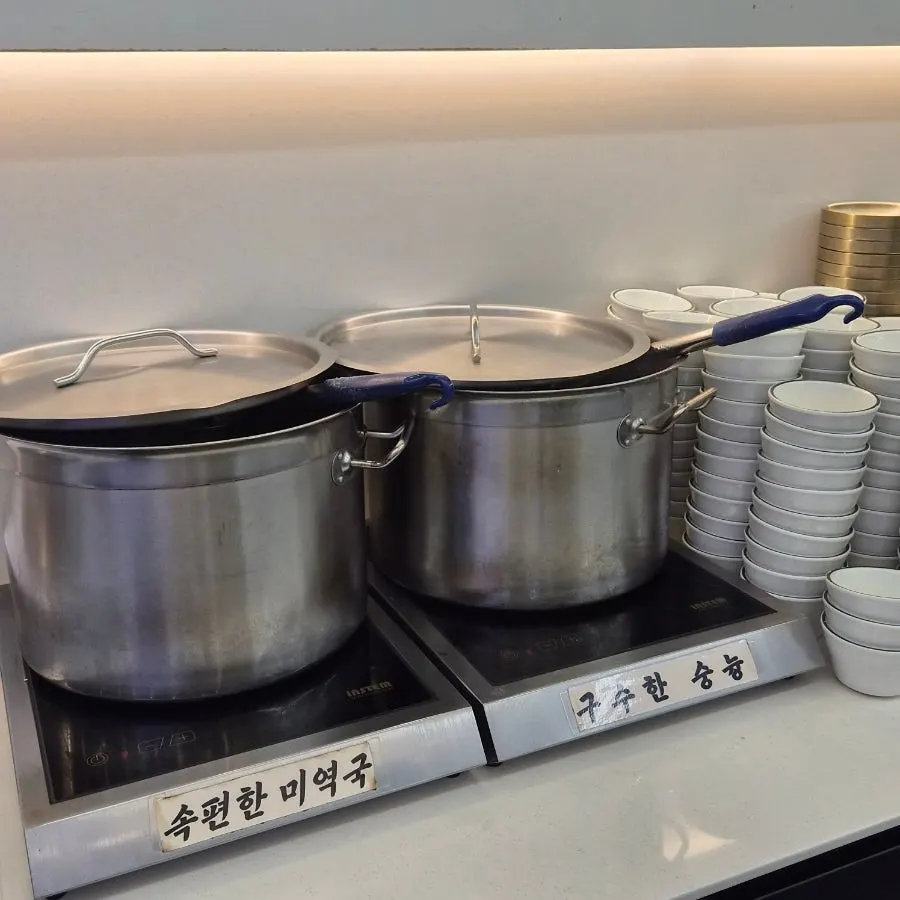 Cheongpomuk and japchae on the self-serve bar
