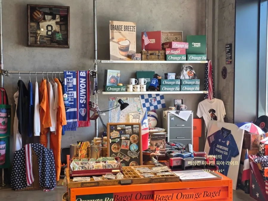 Goods display shelf inside Orange Bagel