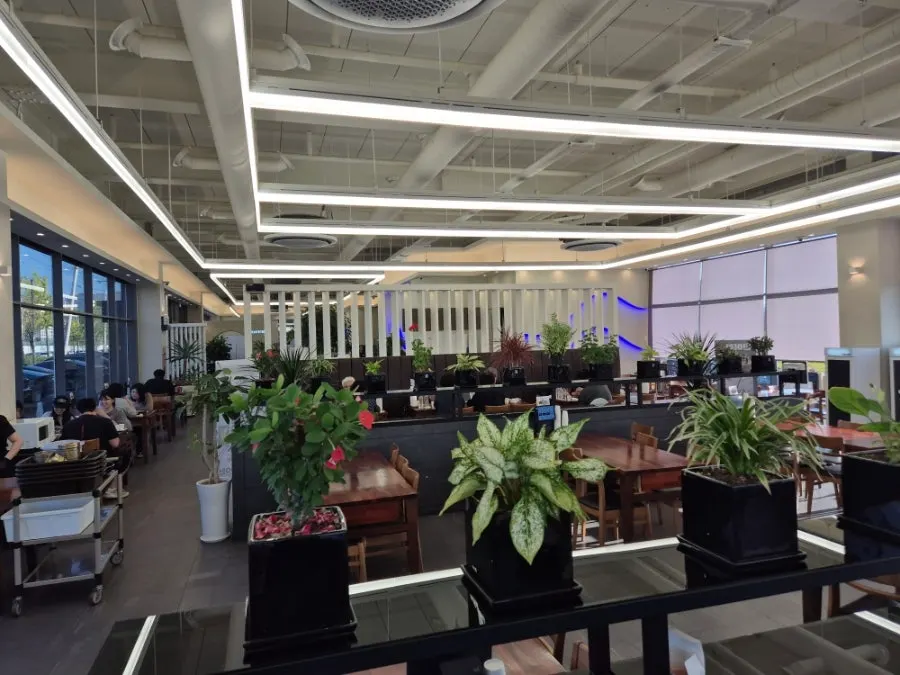 Wide view of the dining hall tables