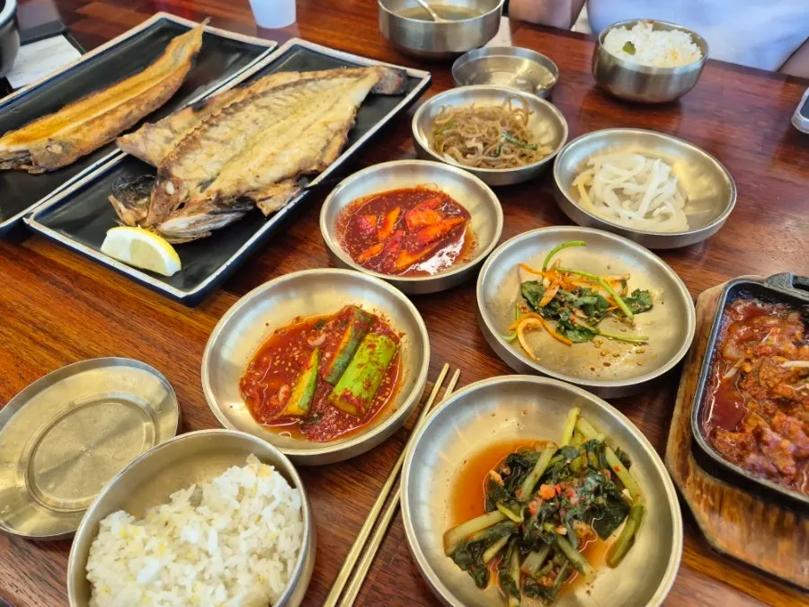 A neatly arranged spread of Korean side dishes