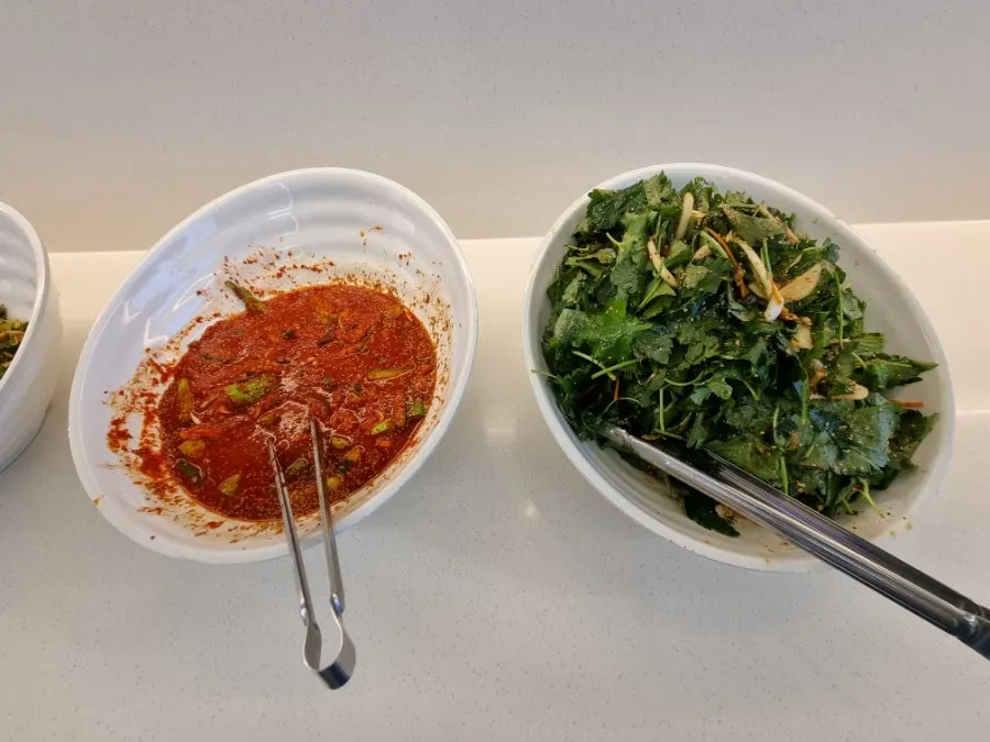 Seaweed soup and roasted rice tea station at the self-serve bar