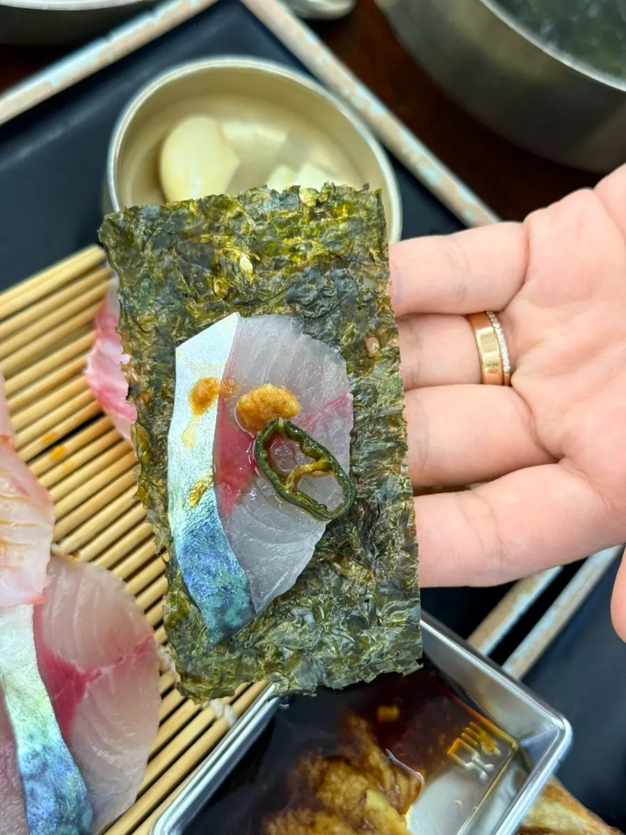 Close-up of chewy mackerel sashimi