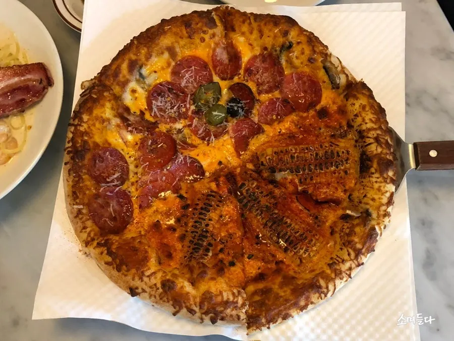 Half corn and half pepperoni pizza