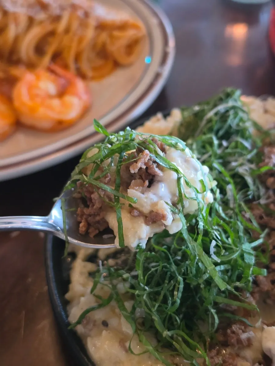 Truffle bulgogi risotto topped with perilla leaf