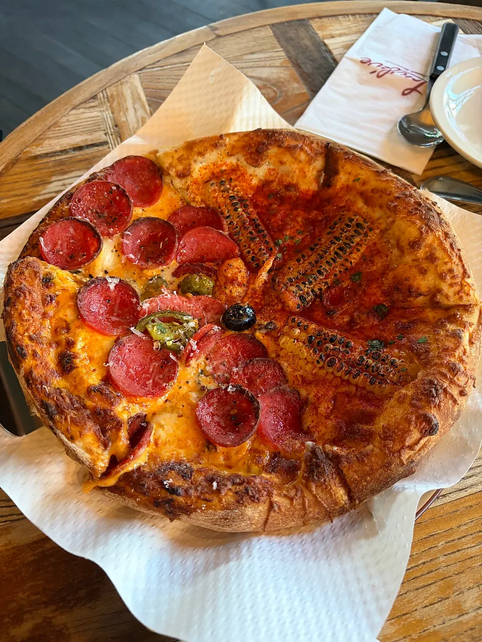 Corn and hot pepperoni half-and-half pizza
