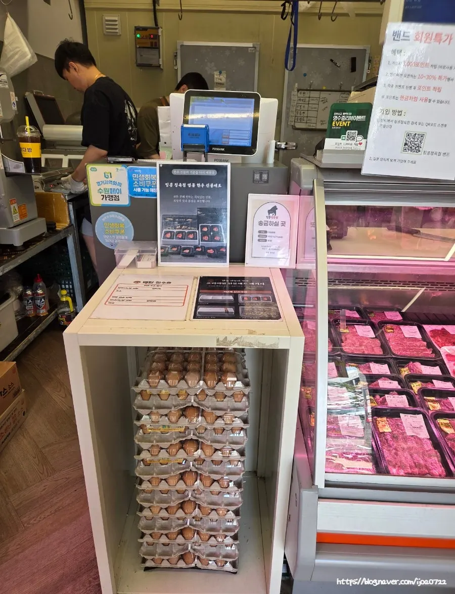 Meat and eggs displayed at the butcher shop