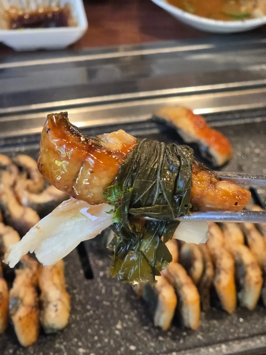 Thick freshwater eel grilling over charcoal