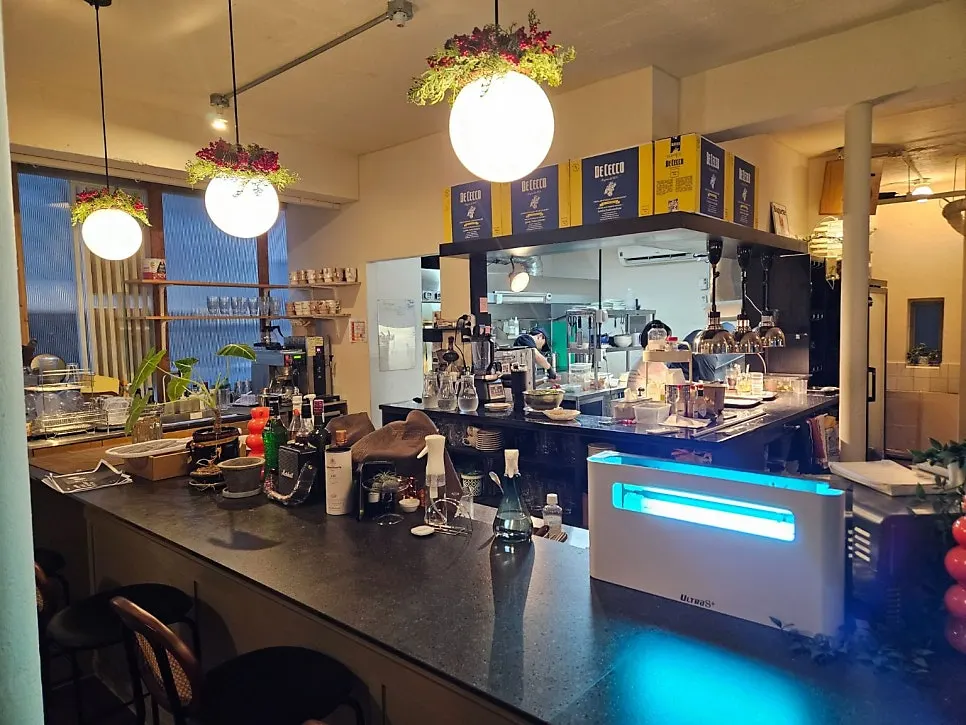 Corner of the restaurant decorated with vintage props