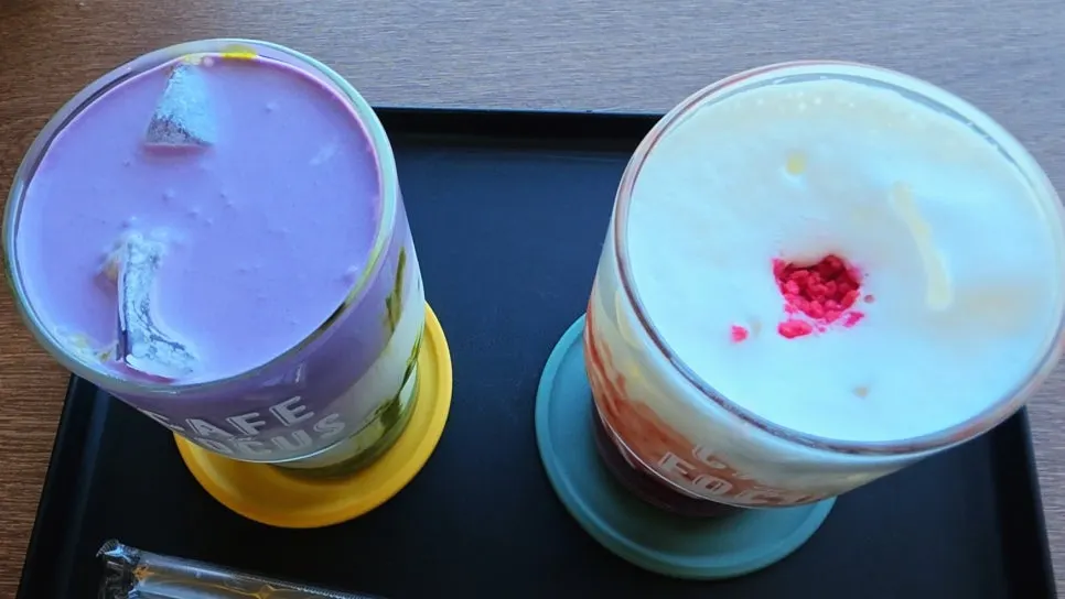 Close-up of the matcha latte topped with ube cream