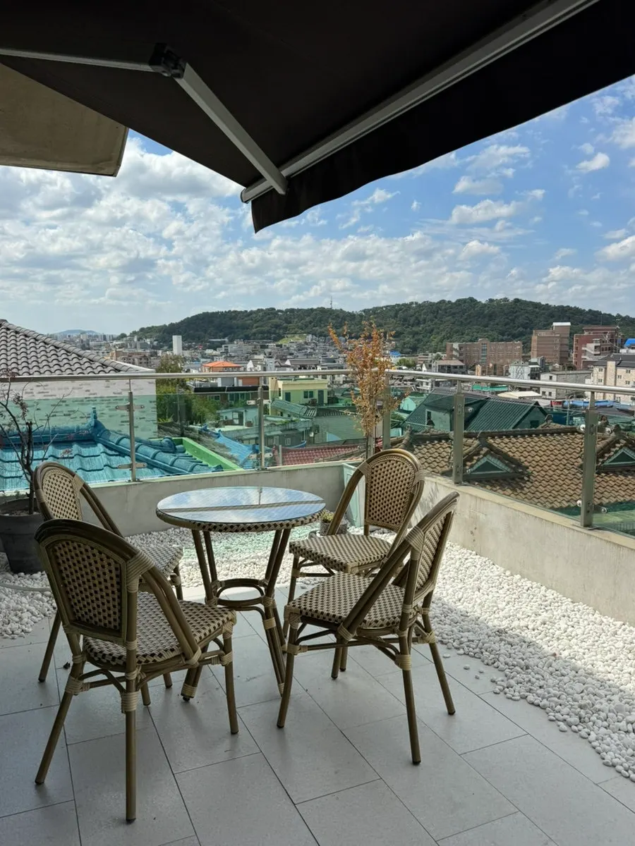 3rd-floor terrace at Caffeine Focus with a view of Paldalsan