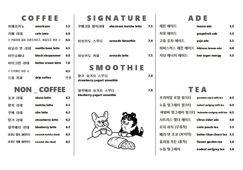 Menu board listing coffee, non-coffee, and signature drinks
